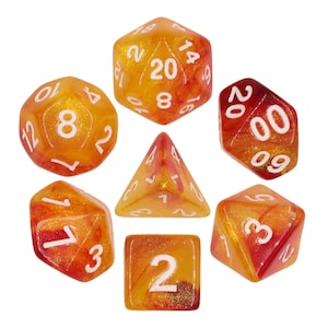 Volcano of Fire Dice Set, 7 piece polyhedral dice set, DND, RPG Dice Set