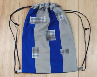 Handmade Blue Gray Drawstring Backpack, Festival Travel Sack