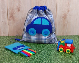 Blue Kids Car Bag Set of Cotton Preschool Drawstring Backpack and Felt Pencil Case