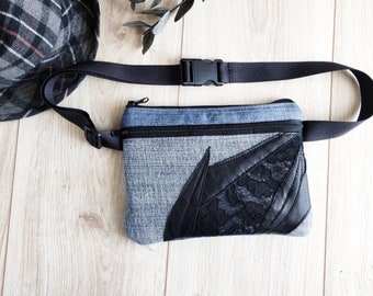 Gothic Denim Fanny Pack, Upcycled Leather Lace Waist Bag