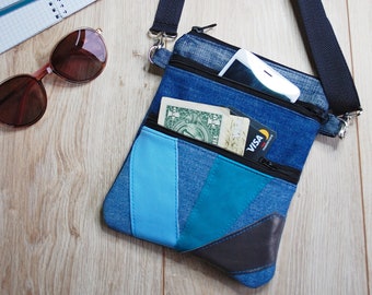 Recycled Denim Crossbody Cell Phone Purse, Jeans Crossbody Pouch Bag