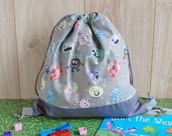 Gray Drawstring Childs’ Mini Backpack with Funny Monsters