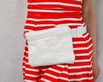 Milk White Bridal Fanny Pack, Faux Python Leather Belt Bag with Laces