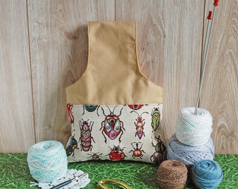 Handmade Cotton Knitting Project Bag, Bugs Print, Crochet Supply Pouch