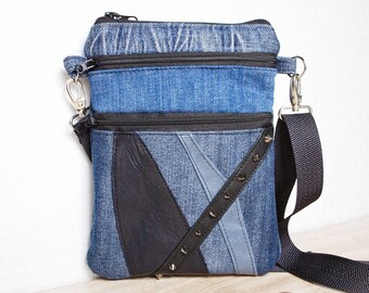 Recycled Denim Crossbody Bag, Gothic Style Cell Phone Purse