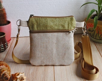 Burlap Crossbody Purse with 2 Outer Pockets, Shoulder Strap Cell Phone Pouch