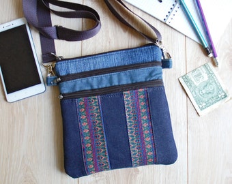 Recycled Denim Crossbody Bag, Boho Festival Purse, Over Shoulder Pouch
