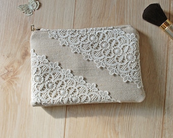 Small Simple Beige Ivory Lace Burlap Linen Cosmetic Pouch Makeup Purse, Summer Wedding Toiletry Bag