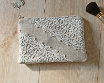 Lace Burlap Cosmetic Pouch, Small Bridal Toiletry Bag
