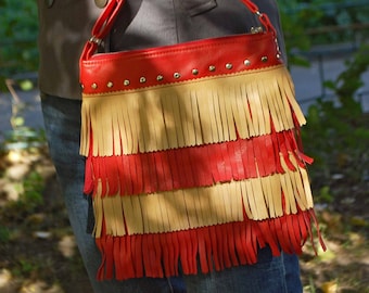 Red Leather Cross Body Bag for Women, Western Fringe Shoulder Bag, Crossover Crossbody Purse