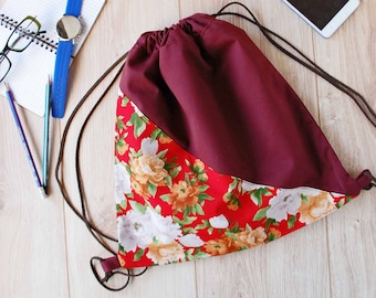 Floral Cotton Drawstring Backpack, Handmade Cinch Sack