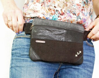 Black Velvet Fanny Pack, Recycled Denim & Leather Belt Bag