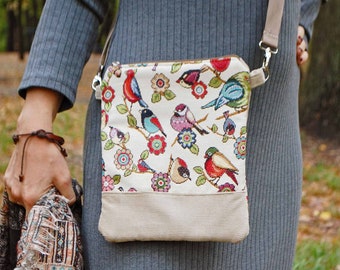 Velvet Crossbody Bag, Over Body Cross Shoulder Pouch, Bird Tapestry Purse, Ornithologist Gift Idea