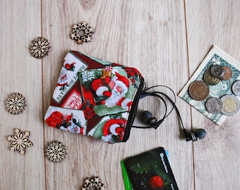 Christmas Cotton Coin Purse, Santa Print, Stocking Stuffer