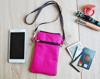 Pink Nylon Crossbody Cell Phone Bag Wallet, Mini Travel Neck Pouch, Necklace Purse