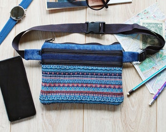 Blue Boho Fanny Pack for Women Plus Size, Bohemian Waist Belt Purse Pouch