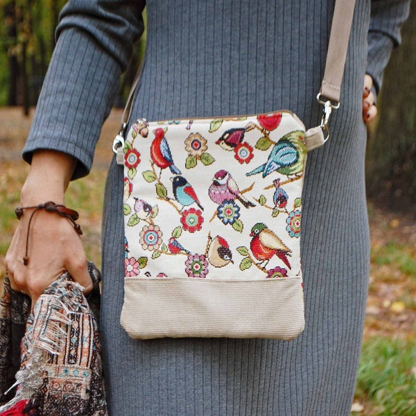 Velvet Crossbody Bag, Over Body Cross Shoulder Pouch, Bird Tapestry Purse, Ornithologist Gift Idea