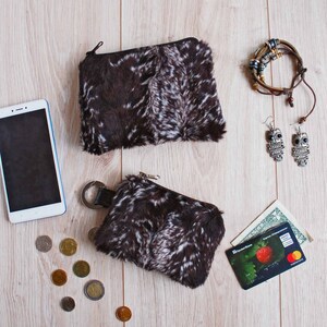 Furry Matching Bag Set of Coin Pouch and Small Makeup Purse, Faux Fur Leather Key Bag for Women, Mini Wallet for Cards and Cash