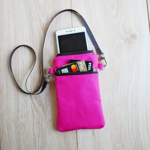 Small Fuchsia Personalized Neck Purse Bag for Cell Phone, Mini Travel Neck Pouch Wallet, Castomized Sleeve Phone Case