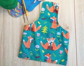 Wrist Knitting Project Bag with Woodland Print, Crochet Project Pouch with Foxes, On the go Project Hobby Pouch