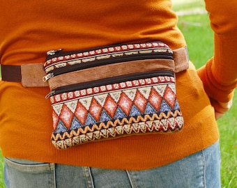 Brown Orange Boho Velvet Fanny Pack, Waist Bag Pouch Purse