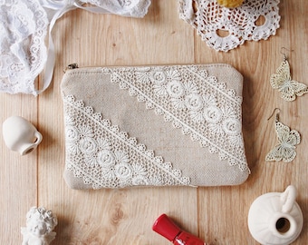 Personalized Ivory Lace Clutch, Customized Bridal Hangbag for Wedding, Beige Bridesmaid Purse