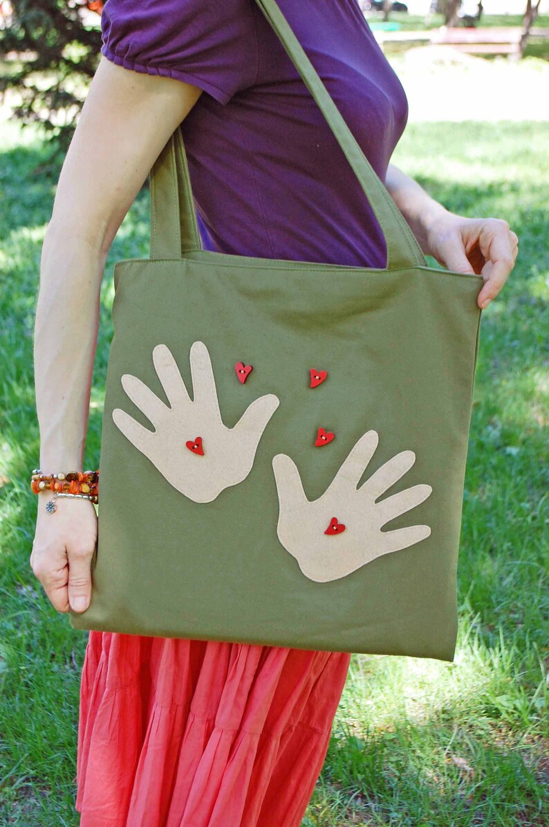 Eco Women Shopping Shoulder Bag Mommy Gift Bag with Mother Heart and Hands Khaki Canvas Medium Size Everyday Tote Bag Roomy Soft Tote Bag