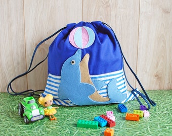 Drawstring Mini Backpack for Boys Girls with Dolphin, Drawstring Bag for Children, Dolphin Gift Idea Kids