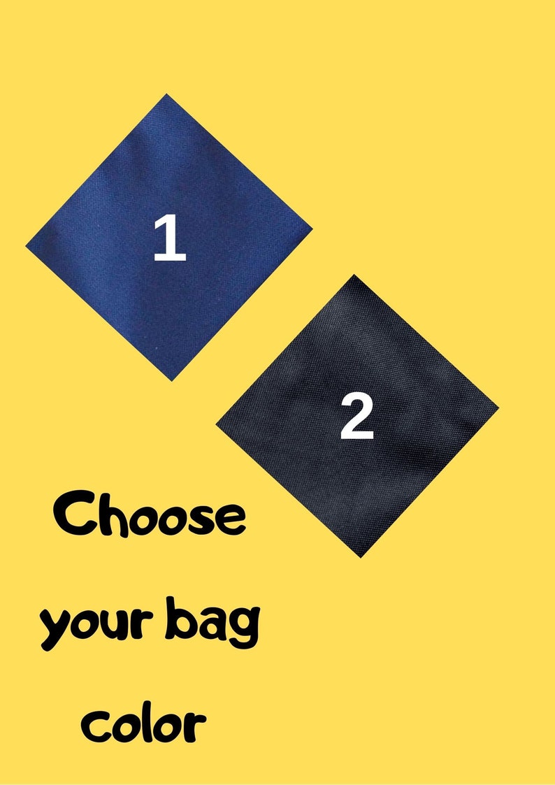 May include: Choose your bag color. Two fabric swatches are shown, one navy blue and one black. The navy blue swatch is labeled "1" and the black swatch is labeled "2".
