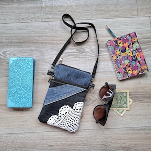Denim Blue Neck Pouch Bag for Large Cell Phone, Small Vacation Neck Purse Organizer for ID, Cards, and Cash