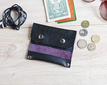 Black Purple Leather Minimalistic Coin Purse Card Holder and Key Fob (optional) , Money Change Pouch and Keychain, Women's Coin Bag