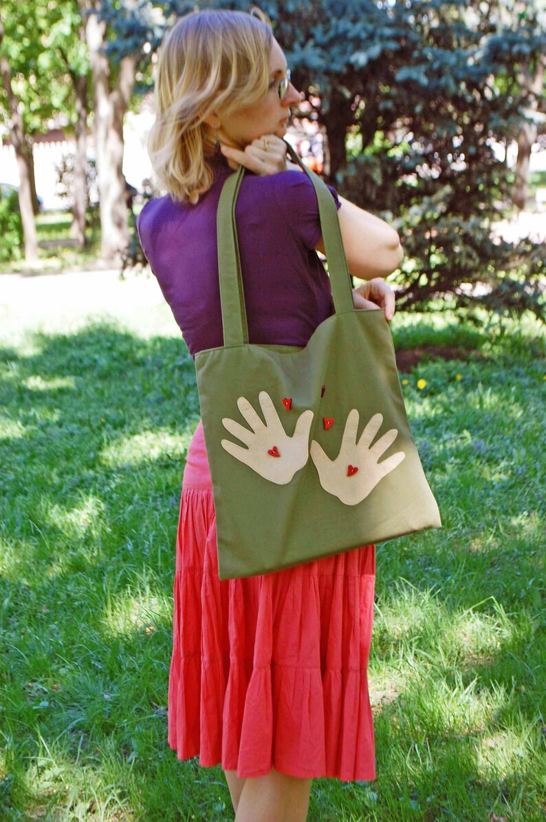 Eco Women Shopping Shoulder Bag Mommy Gift Bag with Mother Heart and Hands Khaki Canvas Medium Size Everyday Tote Bag Roomy Soft Tote Bag