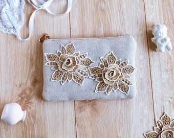 Laces Burlap Zippered Pouch, Floral Linen Wedding Purse, Small Simple Clutch, Beige Bridal Handbag