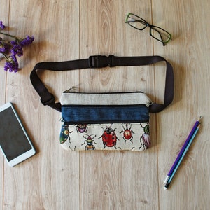 Fanny Pack for Women, Beige Burlap and Recycled Jeans Hip Bag, Phone and MoneyHip Pouch with Insect Ladybug