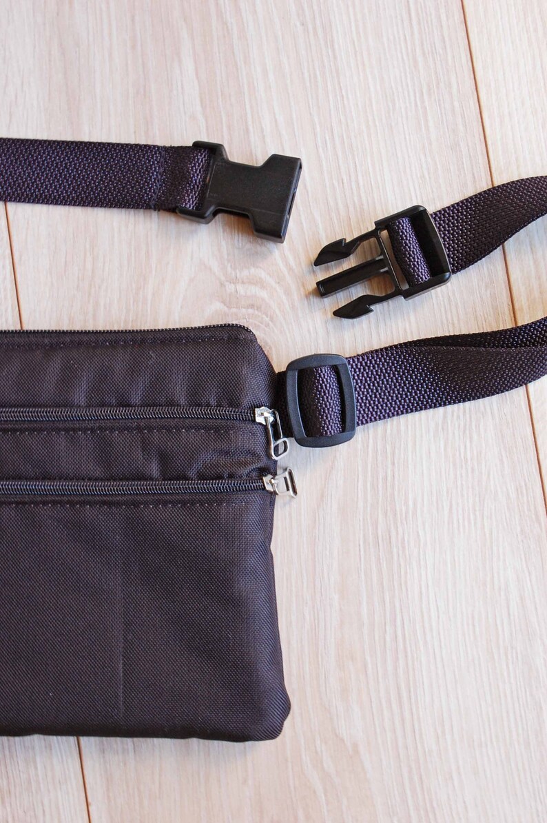 May include: A brown fanny pack with two zippered compartments and a black adjustable strap with two plastic buckles.