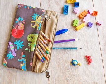 Lizard Print Pencil Case, Zippered Cotton Pen Pouch, Handmade