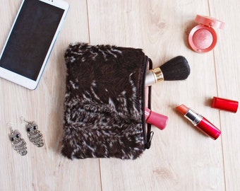 Faux Fur Cosmetic Pouch, Pony Print Makeup Organizer, Eco Leather Trim