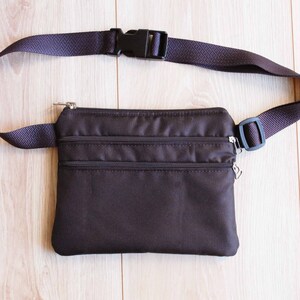 May include: A brown fanny pack with two zippered compartments and a black adjustable strap with a plastic buckle.