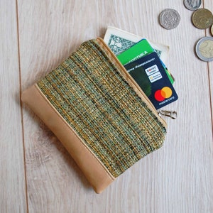 Green Beige Mini Coin Pouch, Burlap Eco Leather Credit Card Cash Purse, Pills Tampons Bag