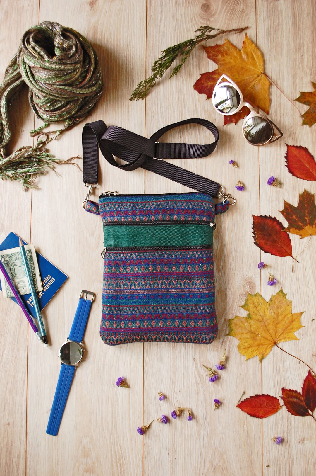 Small Cross Body Pouch Bag Unisex, Hippie Burlap Over the Shoulder