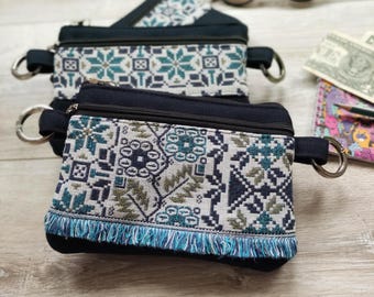 Ethnic Burlap Belt Bag, Dark Blue Travel Waist Pouch Purse