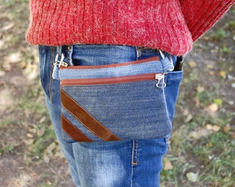 Blue Pocket Recycled Jeans Waist Bag, Belt Pocket Purse, Bum Bag for Phone / Money