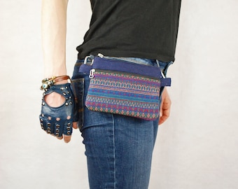 Blue Ethnic Burlap Belt Bag, Boho Waist Pouch, Festival Bum Bag Purse