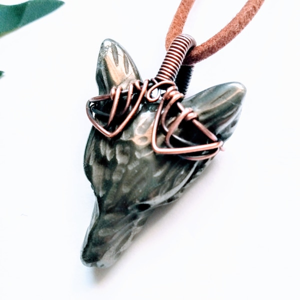 Timber Wolf Necklace/100% Copper Wire Wrapped Ironstone Wolf's Head Pendant/Wolf Jewelry