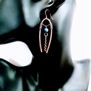 Blue Stone Earrings/100% Copper Wire Wrapped Hammered Earrings/Hammered Jewelry