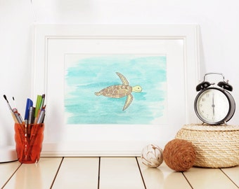 Tommy the Green Turtle watercolour print 14" x 11" (35.5 x 28 cm) | Kids wall art print