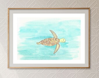 Large watercolour print of Tommy the Green Turtle 24" x 20" (60 x 50 cm) -- Sea turtle illustration for kids