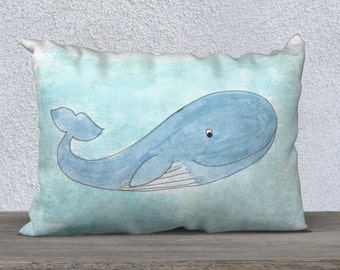 Benny the Blue Whale 20 inch lumbar pillow cover | Pale blue and aqua watercolour print | Illustrated accent pillow cover