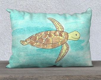 Tommy the Green Turtle 20" x 14" throw pillow cover | Brown and yellow sea turtle on aqua accent pillow cover