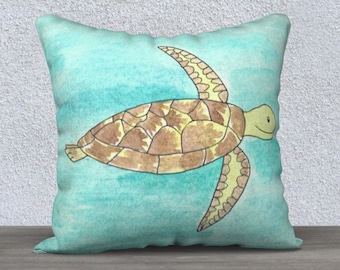 Tommy the Green Turtle 18" square accent pillow cover | Sea turtle print on aqua throw pillow